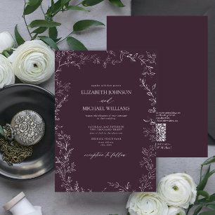 Invitación Código QR Elegante Pluma Púrpura Boda de hoja míni