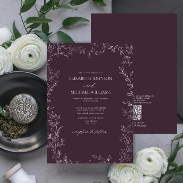 Invitación Código QR Elegante Pluma Púrpura Boda de hoja míni (Subido por el creador)