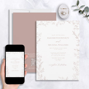 Invitación Código QR Elegante Rosa de hoja mínima Polvo Boda