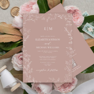 Invitación Código QR Elegante Rosa de hoja Polvo Monograma Bo