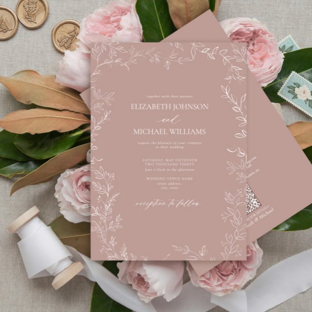 Invitación Código QR Elegante Rosa Polvo Boda de hoja mínima (Subido por el creador)