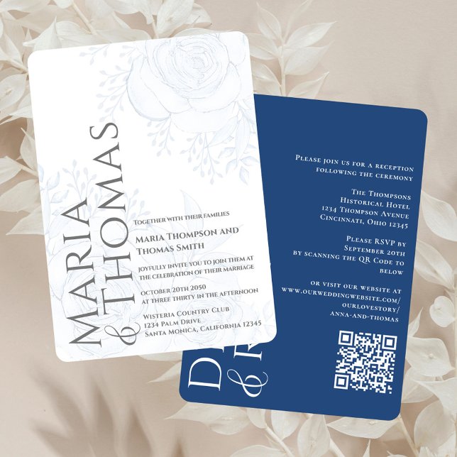 Invitación Código QR Elegante RSVP Online Dusty Floral Azul (Elegant blue floral wedding invitation with a modern typography and QR Code. )