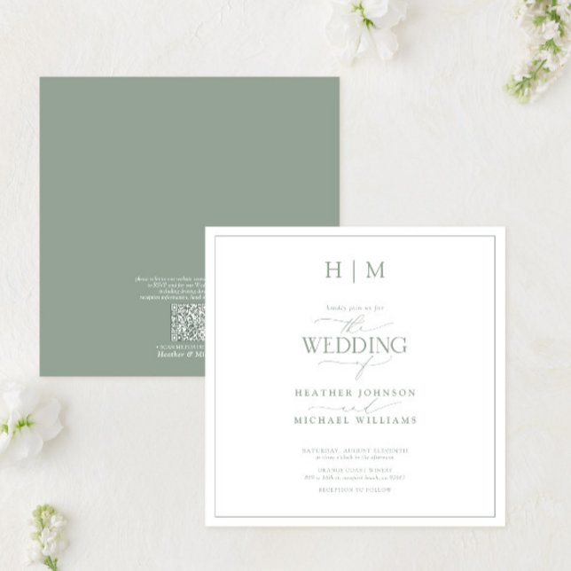 Invitación Código QR Elegante Sage Green Caligraphy Monograma (Subido por el creador)
