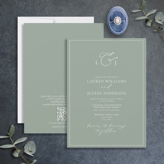 Invitación Código QR Elegante Sage Green Caligraphy Monograma (Subido por el creador)