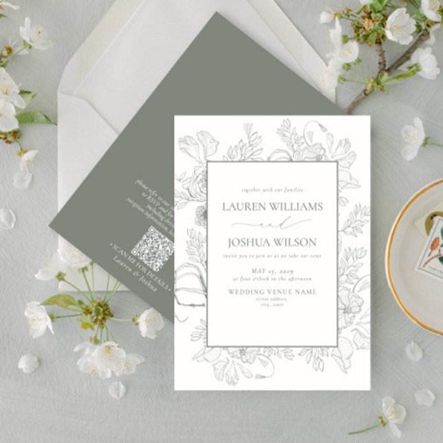 Invitación Código QR Elegante Sage Green Floral Line Boda de  (Subido por el creador)