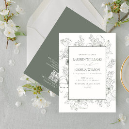 Invitación Código QR Elegante Sage Green Floral Line Boda de 