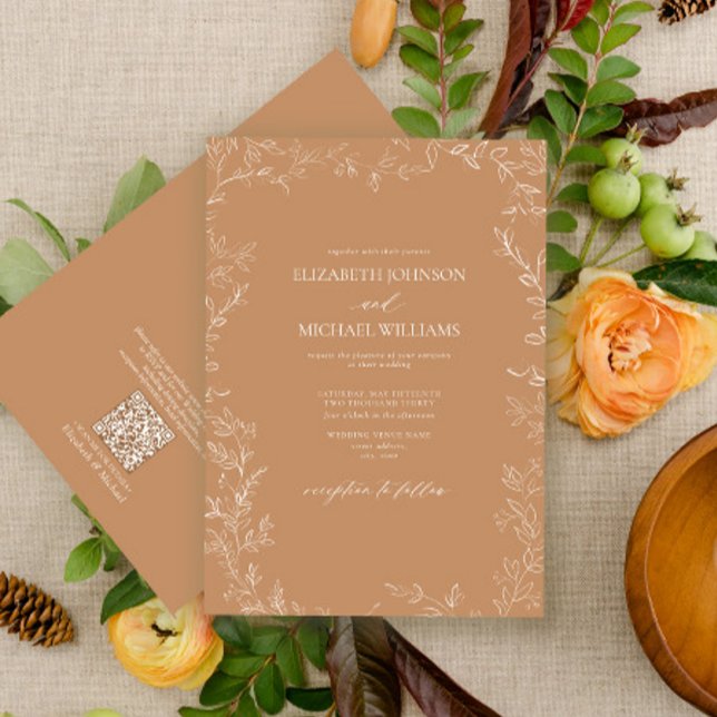 Invitación Código QR Elegante Terracota Boda de hoja mínima (Subido por el creador)