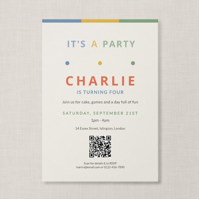 Invitación Código QR Es Una Fiesta Cumpleaños Colorido Niños (Color Pop - It's a Party QR Code Birthday Invitation)
