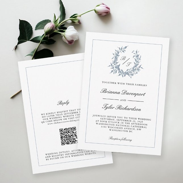 Invitación Código QR Escudo azul turbio Boda Monograma (Available in both printed and paperless digital download format!)