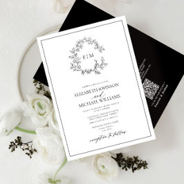 Invitación Código QR Escudo blanco negro Leafy Monograma Boda