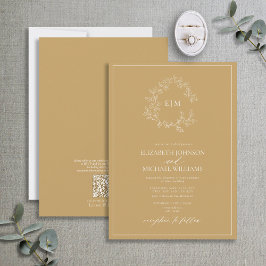 Invitación Código QR Escudo dorado  Monograma Boda