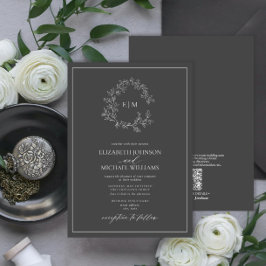 Invitación Código QR Escudo Gris Leafy Monograma Boda