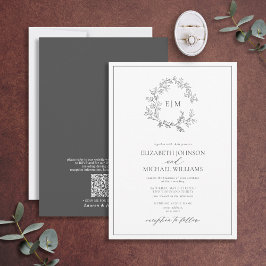 Invitación Código QR Escudo Gris Leafy Monograma Boda