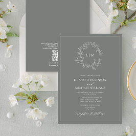 Invitación Código QR Eucalyptus Escudo Leafy Monograma Boda