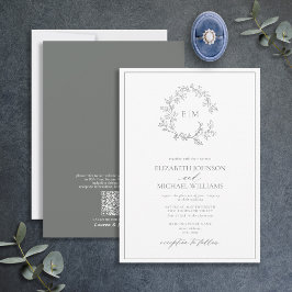 Invitación Código QR Eucalyptus Escudo Leafy Monograma Boda