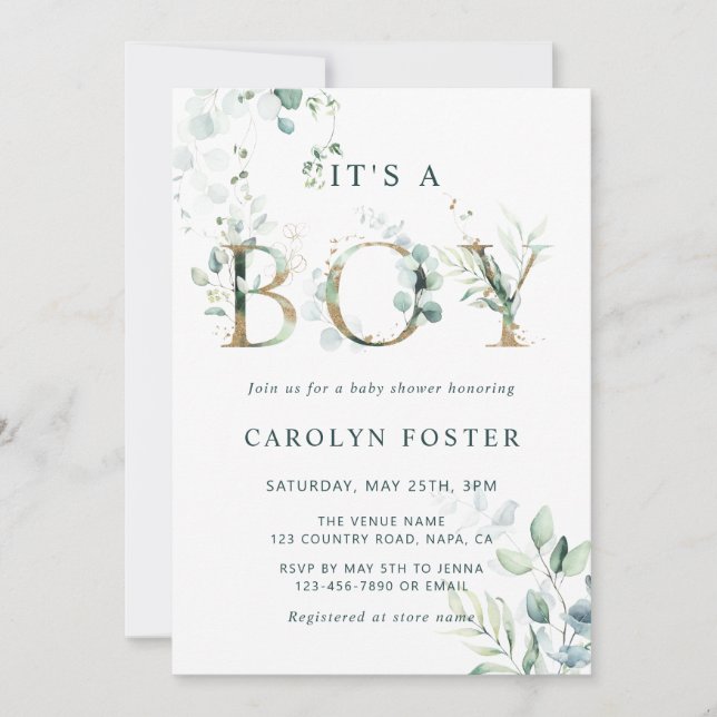 Invitación Código QR Eucalyptus Gold Letter Boy Baby Shower   (Anverso)