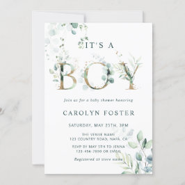 Invitación Código QR Eucalyptus Gold Letter Boy Baby Shower