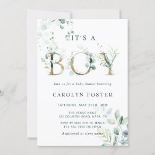 Invitación Código QR Eucalyptus Gold Letter Boy Baby Shower  