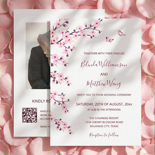 Invitación Código QR | Flor de Cerezo Bodas Rosa Blanco (Subido por el creador)