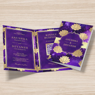 Invitación Código QR Flor de Loto Dorado Galaxia Púrpura Boda