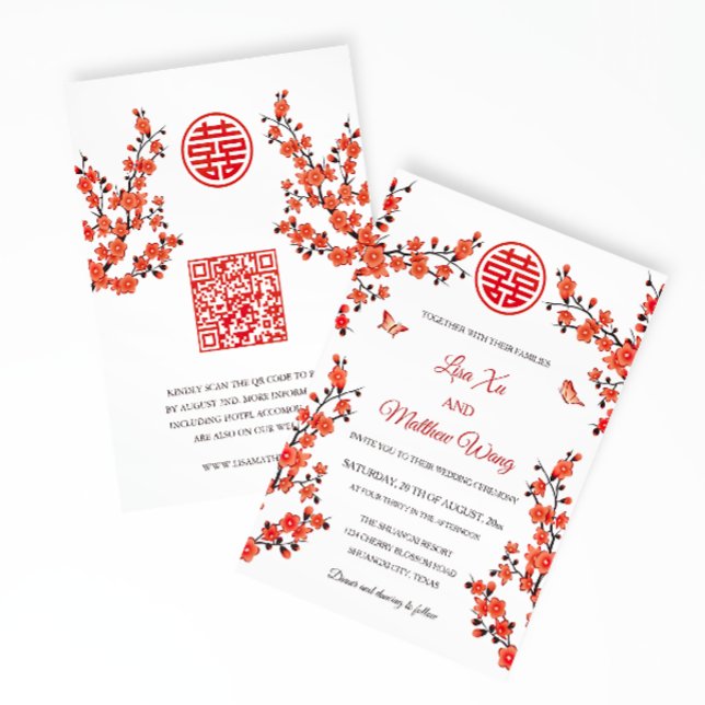 Invitación Código QR | Flor de Sombra Roja | Boda China (Subido por el creador)