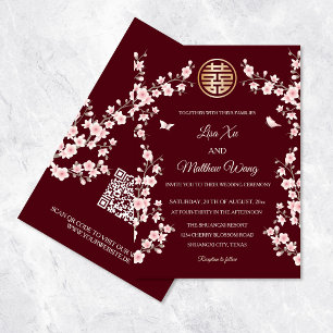 Invitación Código QR Flor Oriental Rosa Bodas Chinas