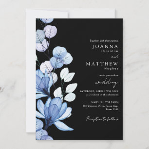 Invitación Código QR floral azul Boda blanco y negro