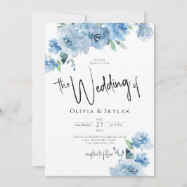 Invitación Código QR Floral Azul Claro RSVP Todo En Un Boda