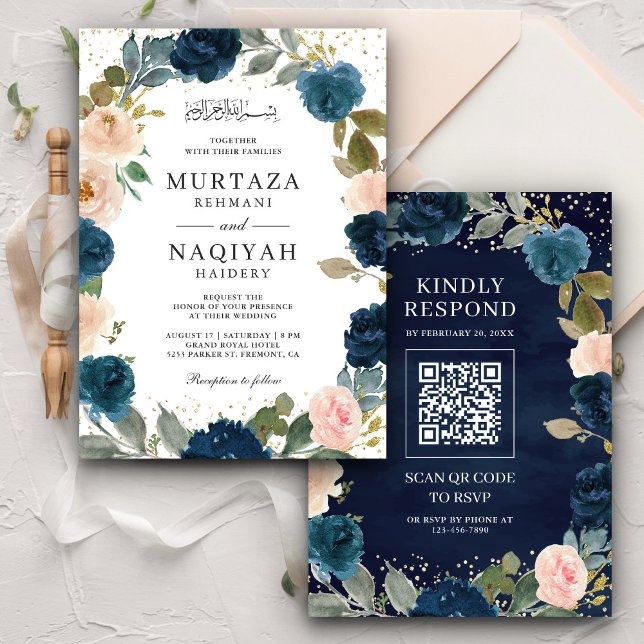 Invitación Código QR floral azul de la marina Boda musulmán (Subido por el creador)