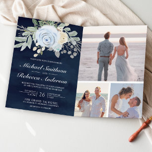 Invitación Código QR floral azul polvoriento boda azul marino