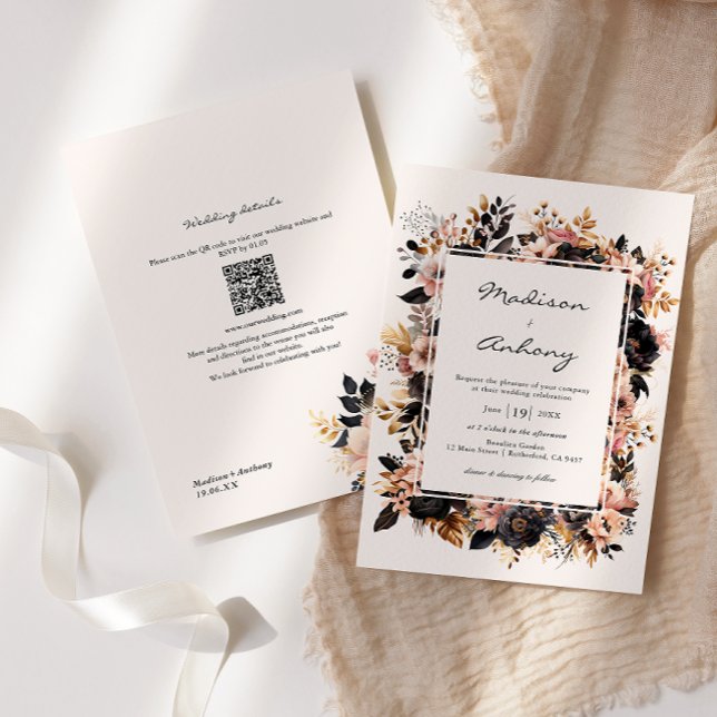 Invitación Código QR floral boda negro y dorado 2 en 1 (Subido por el creador)