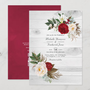 Invitación Código QR Floral Boho Borgoña RSVP Boda Bohemiana