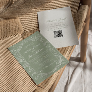 Invitación Código QR Floral Boho Botánico Verde Salvia Boda
