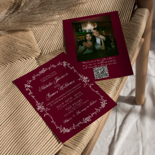 Invitación Código QR Floral Borgoña Boda de Foto con Estilo A
