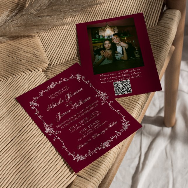 Invitación Código QR Floral Borgoña Boda de Foto con Estilo A (Subido por el creador)