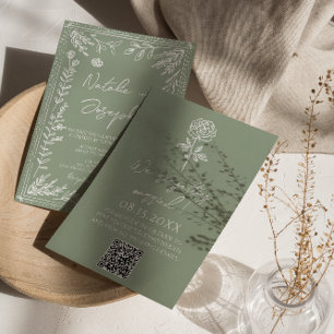 Invitación Código QR Floral Botánico Boho Verde Salvia Boda