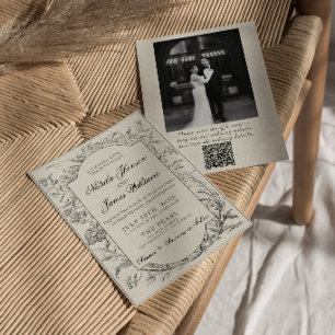 Invitación Código QR Floral Botánico Crema Negro Foto Boda