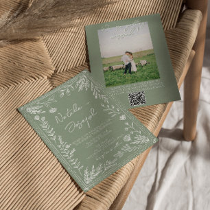 Invitación Código QR Floral Botánico Verde Salvia Foto Boda