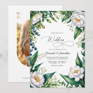 Invitación Código QR Floral Botánico Verde y Blanco para Boda