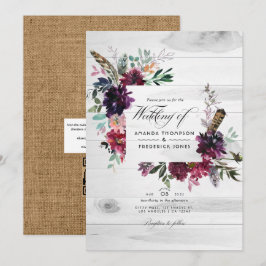 Invitación Código QR Floral Ciruela Violeta RSVP Boda Bohemia