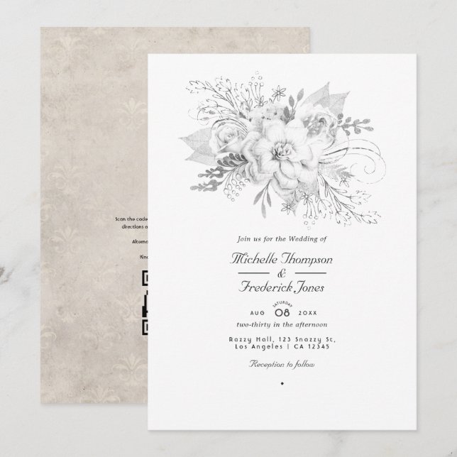 Invitación Código QR floral de Boda blanco RSVP (Anverso / Reverso)