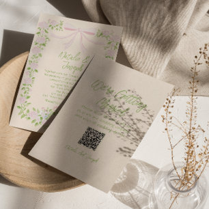 Invitación Código QR Floral de Boda con Lazo Verde Rosa Dibuj