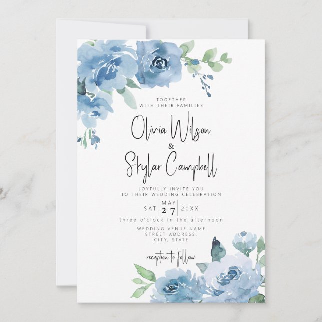 Invitación Código QR floral de Boho azul claro todo en un Bod (Anverso)