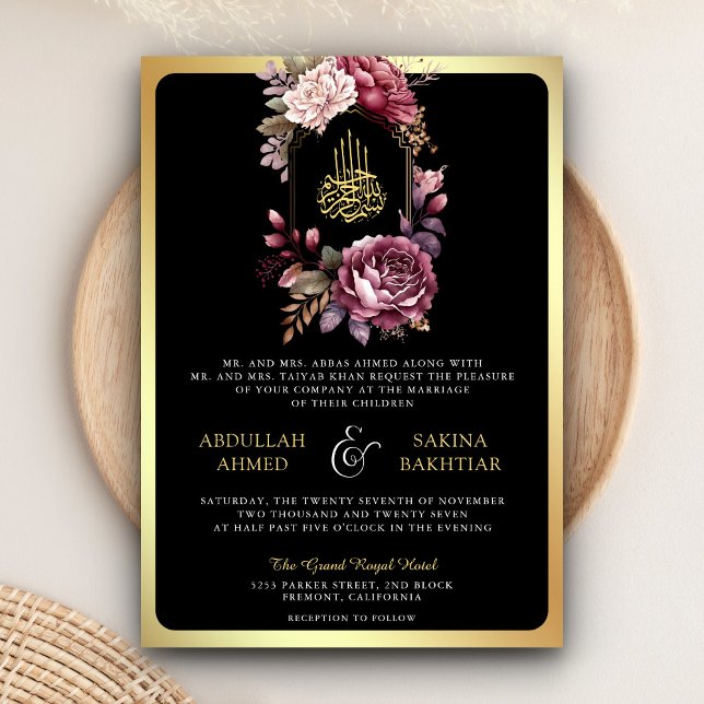 Invitación Código QR floral de Borgoña Boda musulmana de oro  (Subido por el creador)