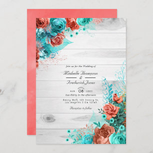 Invitación Código QR floral de color turquesa y coral Boda en