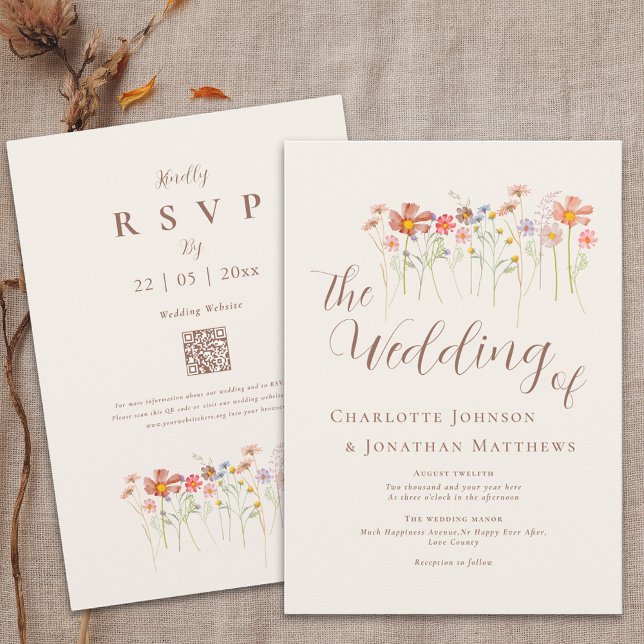Invitación Código QR Floral de Flor Silvestre de Otoño Boho (Boho fall wildflower floral wedding qr code invitation Watercolor garden meadow flowers elegant )