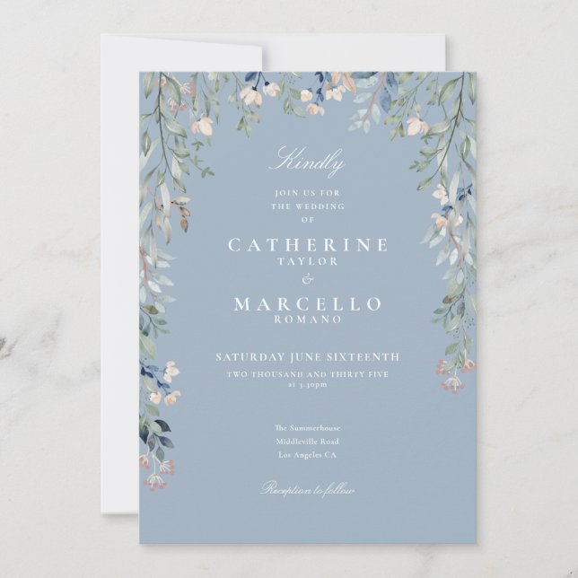 Invitación Código QR Floral de Flores Silvestres Azules Polvo (Anverso)
