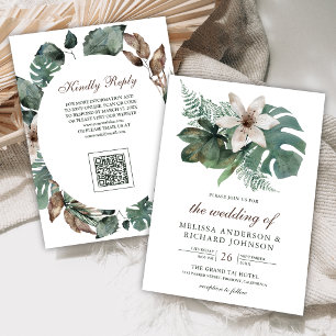 Invitación Código QR Floral de Hojas Tropicales Acuarela Boda