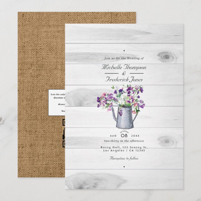 Invitación Código QR Floral de Jardín Rústico de Campo para B (Anverso / Reverso)