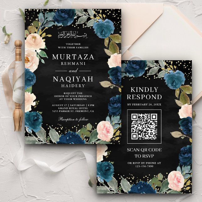 Invitación Código QR floral de la Marina Boda musulmana negra (Subido por el creador)